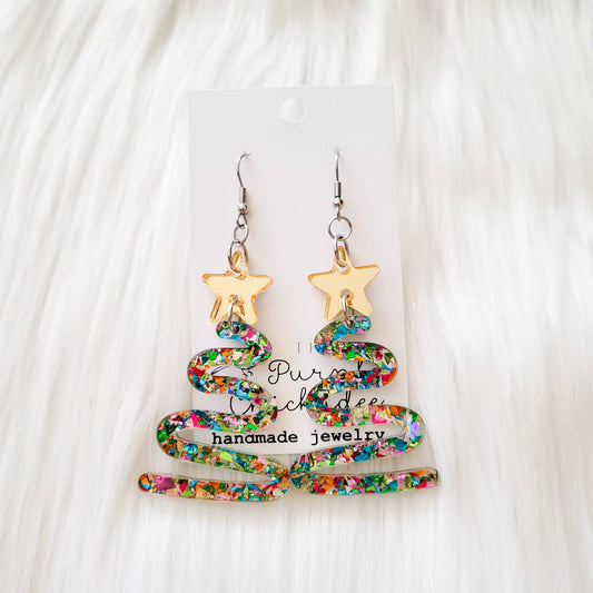The Purple Chickadee - Chunky Glitter Christmas Tree Dangle Earrings