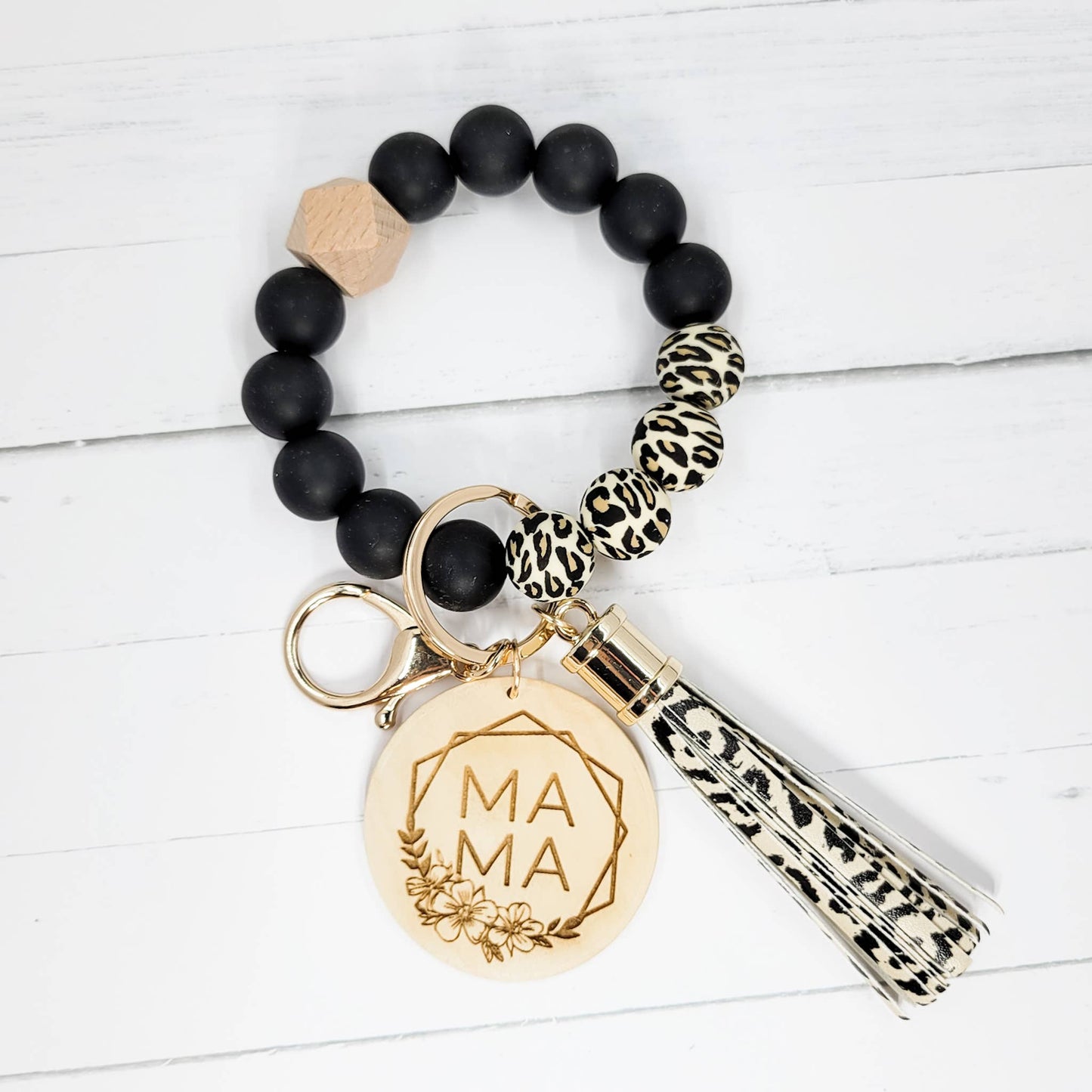 The Purple Chickadee - Black & Leopard Silicone Bead Wristlet - Choose Your Charm: MAMA