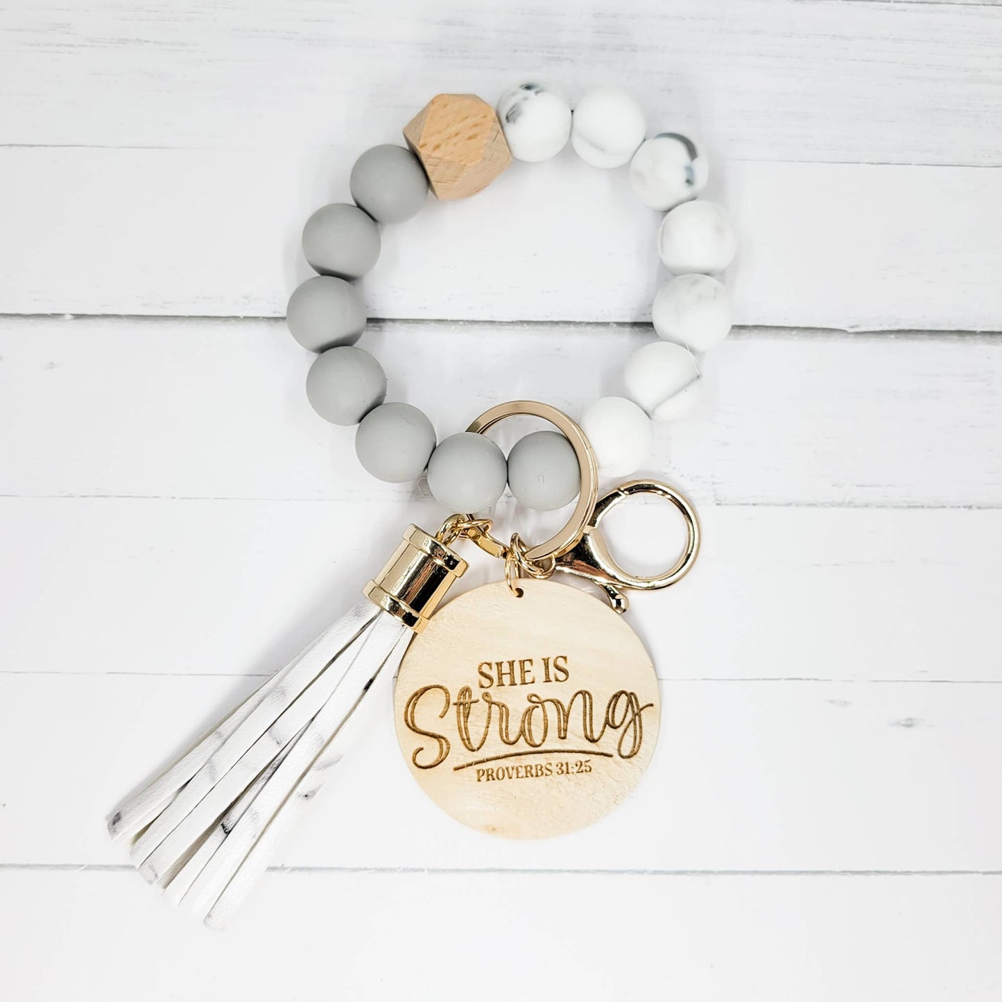 The Purple Chickadee - Grey Silicone Bead Wristlet - Choose Your Charm: She Is Strong